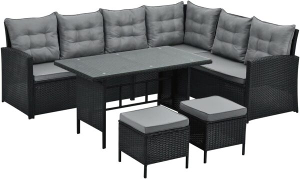 EVRE Monroe Black Outdoor 8 Seat Wicker Rattan Garden Furniture Dining Set Cushioned Classic Corner Sofa Chair Glass Top Table and Footrest for Patios Conservatories Rectangular - Image 2