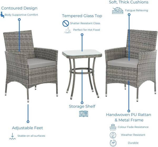 EVRE Copenhagen Outdoor Rattan Garden Bistro Set 3 Piece Wicker Table and Chairs Furniture with Cushions Glass Top Coffee Table for Conservatories Balcony Patio Poolside and Terrace (Grey) - Image 4