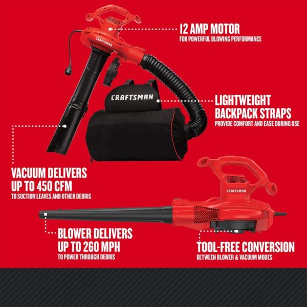 CRAFTSMAN 3-in-1 Leaf Blower, Leaf Vacuum and Mulcher, Up to 260 MPH, 12 Amp, Corded Electric (CMEBL7000) - Image 3