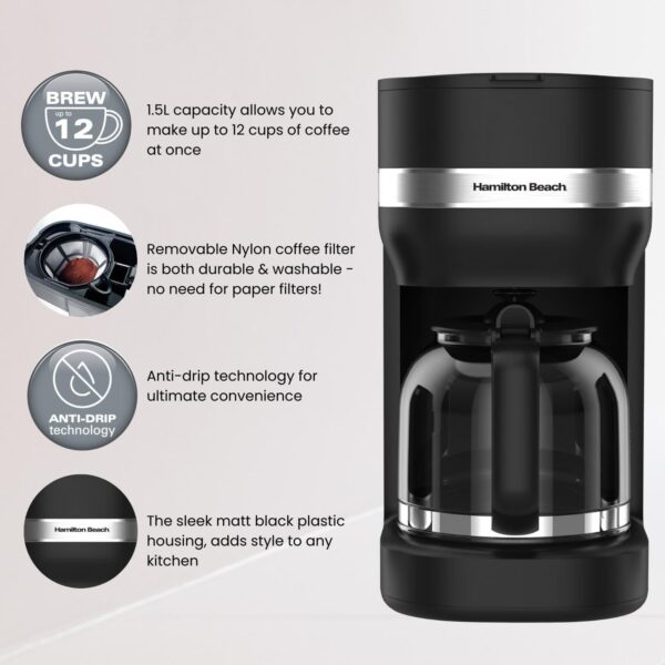 Hamilton Beach Ella Coffee Machine, 1.5L, Filter Coffee Maker, Makes 12 Cups, Removable Washable Filter, Anti-Drip, Water Level Window, 900W - HBC9453MB, Matte Black - Image 3