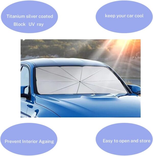 Car Front Window Sunshade, Car Windshield Sunshade Umbrella, Foldable Car Windscreen Sun Shade Blocks UV Ray 140cm x 78cm Large - Image 3