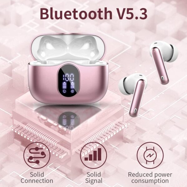 Wireless Earbuds,Bluetooth 5.3 Headphones In Ear with 4 ENC Noise Cancelling Mic,LED Display 2023 Bluetooth Earbuds Mini Deep Bass Stereo Sound,36H Playtime,Wireless Earphones IP7 Waterproof,Rose Gold - Image 5