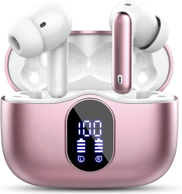 Wireless Earbuds,Bluetooth 5.3 Headphones In Ear with 4 ENC Noise Cancelling Mic,LED Display 2023 Bluetooth Earbuds Mini Deep Bass Stereo Sound,36H Playtime,Wireless Earphones IP7 Waterproof,Rose Gold - Image 2