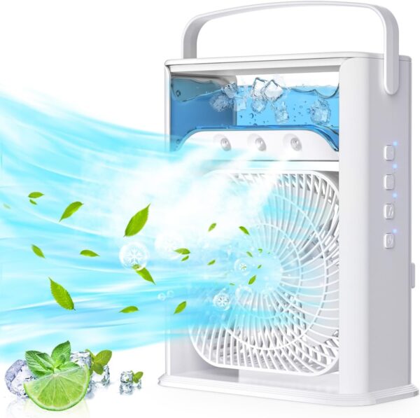 Portable Air Conditioner, Air Cooler Mini Cooling Fan, All-in-1 USB Desk Cooling Fan with 7 LED Lights Wind Speeds, 3 Spray Modes, Humidifier Fan for Home, Office, Bedroom, Car - Image 2