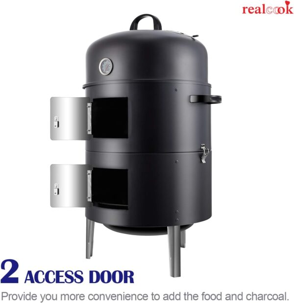 Realcook Vertical 17 Inch Steel Charcoal Smoker, Heavy Duty Round BBQ Grill for Outdoor Cooking, Black - Image 9