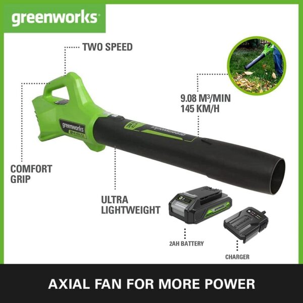 Greenworks G24ABIIK2 Cordless Axial Leaf Blower, 145km/h, 9.08m³/min 24V Battery & Charger, 3 Year Guarantee - Image 3