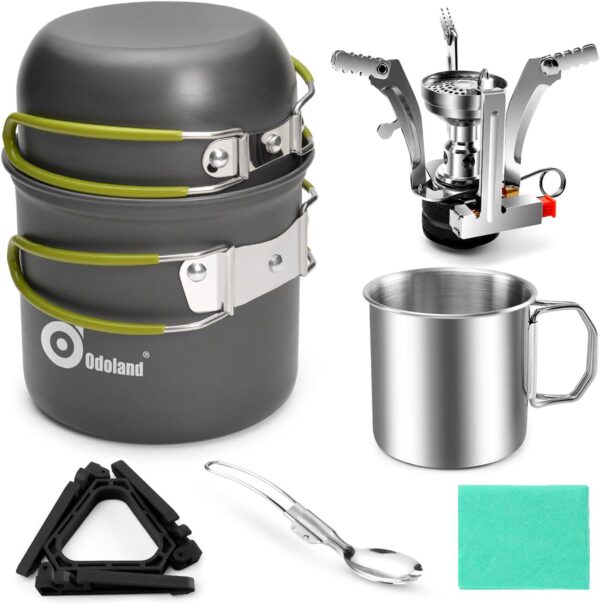 Odoland Camping Cookware Mess Kit, Camping Pot and Pan Set with Mini Backpacking Stove, Stainless Steel Cup, Spork and Tank Bracket, Cooking Gear for Outdoor, Hiking, Picnic, Campfire - Image 2