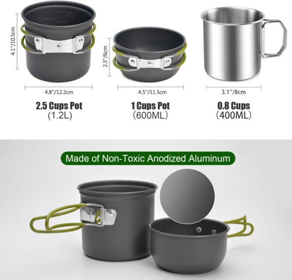 Odoland Camping Cookware Mess Kit, Camping Pot and Pan Set with Mini Backpacking Stove, Stainless Steel Cup, Spork and Tank Bracket, Cooking Gear for Outdoor, Hiking, Picnic, Campfire - Image 4