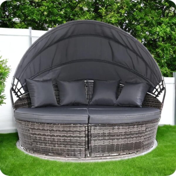 EVRE Bali Mixed Grey 3 Piece Modular Round Rattan Wicker Patio Garden Furniture Daybed Sun Lounger Set with Extendable Canopy and Conversation Seat Cushions - Image 2