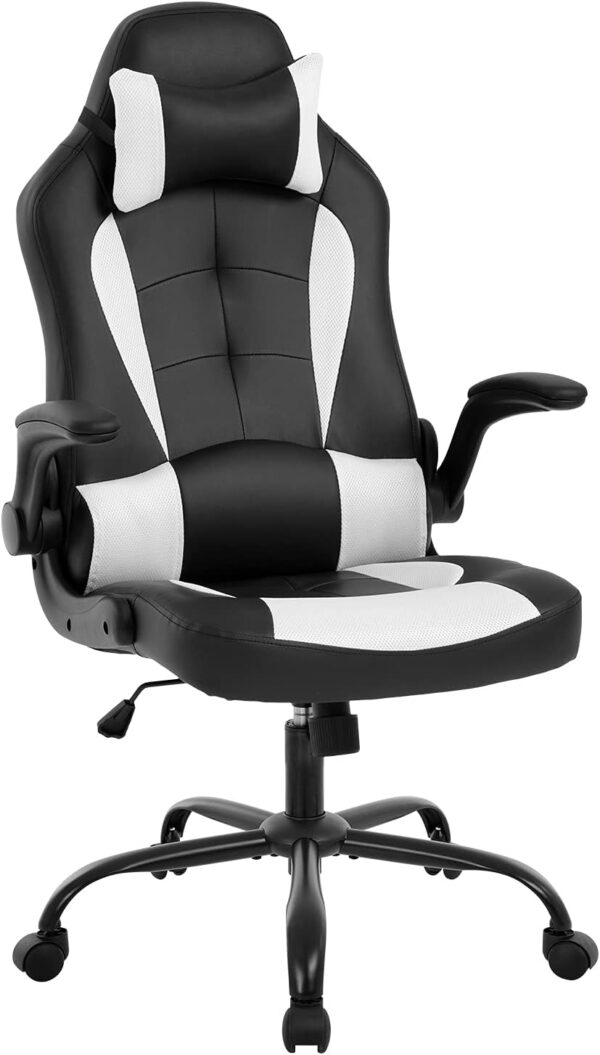 Gaming Chair Ergonomic Office Chair Desk Chair with Lumbar Support Flip Up Arms Headrest PU Leather Executive High Back Computer Chair for Adults Women Men (White) - Image 2