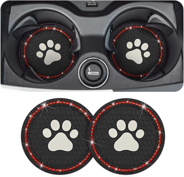 CGEAMDY 2 PCS Car Cup Holder Pads, Crystal Rhinestone PVC Paw Car Cup Pad, Universal Auto Anti Slip Cup Holder Insert Mat, Bling Mats Car Interior Accessories for Women & Men(Black-Red) - Image 2