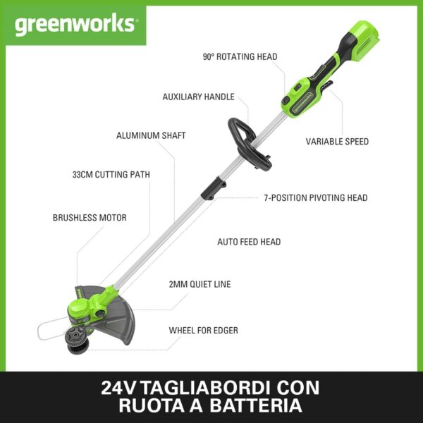 Greenworks 24V Cordless Strimmer Lawn Edger With Wheel For Medium Gardens, 33cm Cutting Width, Autofeed 2mm Nylon Line, WITHOUT Battery & Charger, 3 Year Guarantee GD24LT33 - Image 3