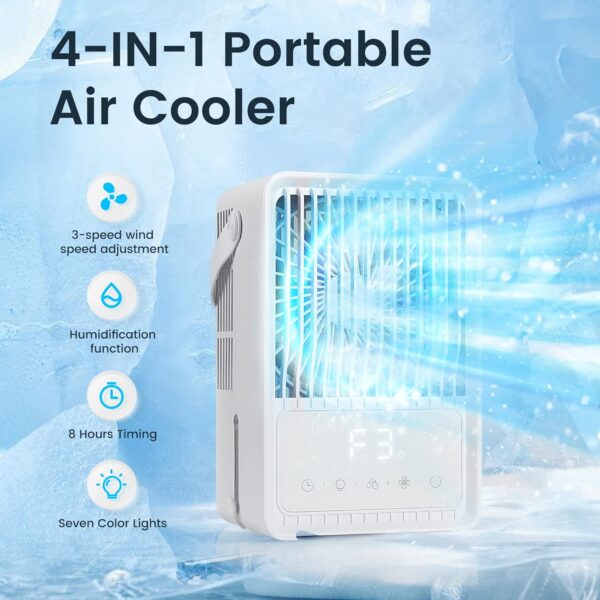 Portable Air Cooler, Quiet Evaporative Air Cooler Fan with RGB 7 LED Light 3 Speeds Modes Room Cooler, Mini Timer Fan Cooler, Desktop Personal Air Conditioner for Home, Office, Bedroom, FERRISA - Image 3