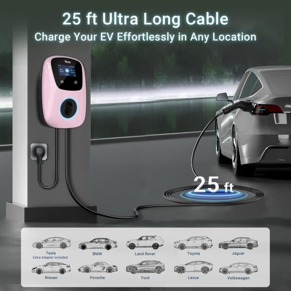 Tera Electric Vehicle Charger for Tesla: J1772 EVs ETL Certified Level 2 48 40 Amp 240 Volt Tesla Home EVSE with Manual Setting Amps Schedule on Unit NEMA 14-50 25 FT Cable W01 Pink - Image 6