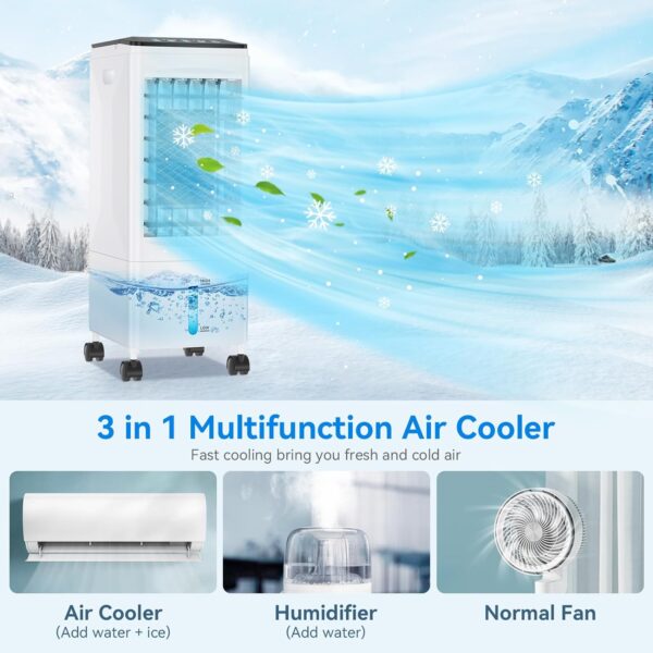 Evaporative Air Cooler, 3-IN-1 Portable Air Conditioner Humidifier Cooling Fan, 3 Speed, 60° Oscillation, Remote Control & 1-7H Timer, 60W Energy Saving Portable Space Cooler for Home Office Dorm - Image 3