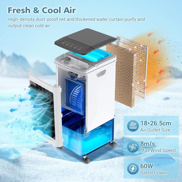 Mobile Air Conditioner, 3 in 1 Evaporative Air Cooler, Humidifier, Fan, 3 Wind Speeds, 5.5L Water Tank, 8M Remote Control, 1-7H Timer, Portable Cooler Fan with 3 Ice Boxes, for Home Office Dorm - Image 8