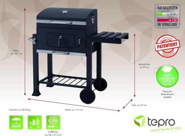 tepro Grillwagen Toronto Click Charcoal Barbecue, Anthracite/Stainless Steel, 56 x 41.5 cm - Image 8