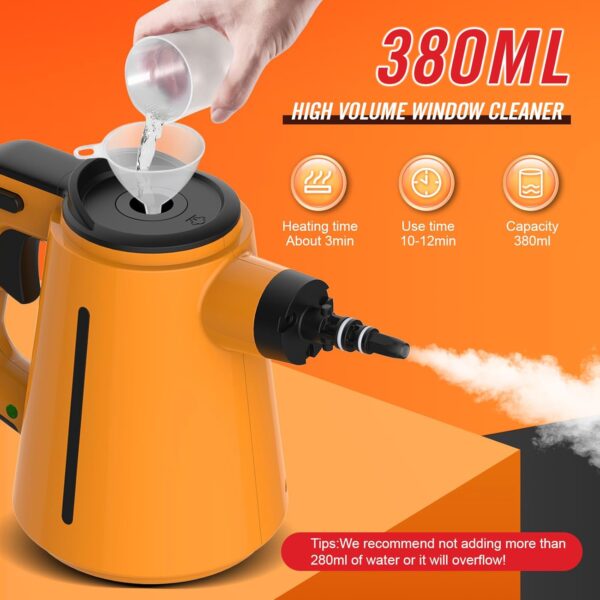 HomHou Handheld Steam Cleaner, Multipurpose Steam Cleaner with 380 Ml Large Capacity And 10 Accessories, Steam Cleaner Handheld for Cleaning Kitchen, Floor And Windows(Orange) - Image 5