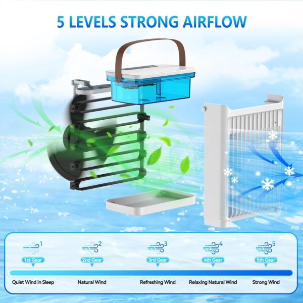 Portable Air Conditioner, Personal Mini Air Cooler Cooling Fan with 5 Wind Speeds, 680ml Evaporative Air Conditioner, 7 LED Light, 2 Cool Mist Air Conditioners Humidifier Fan for Room Bedroom Office - Image 4