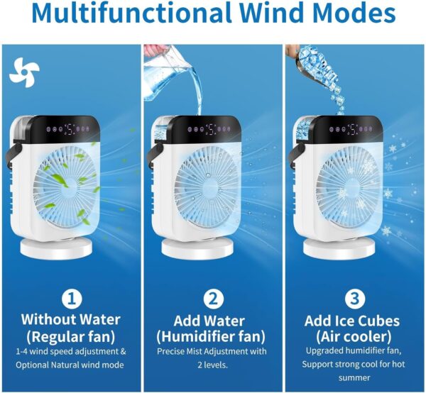 Portable Air Conditioner, 4 Wind Speed Mini Ac Fan with 2 Cooling Spray, Screen Touch Control,Oscillating/Timer/Night Light, Personal Evaporative Air Cooler for Bedroom Home Office Study Desk - Image 3