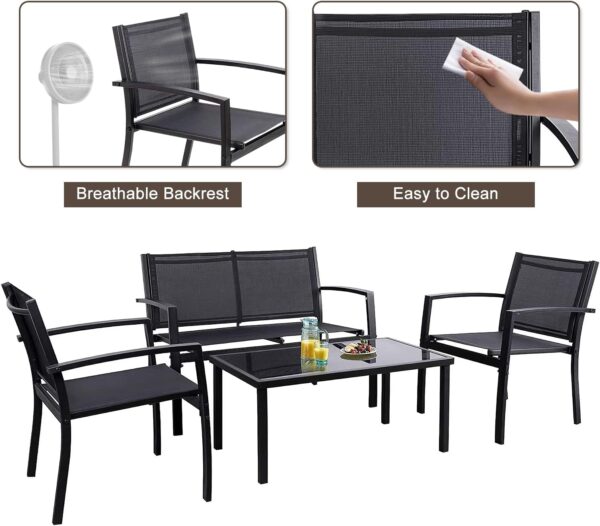 Devoko Garden Furniture Set Garden Table and Chairs Set 4 Outdoor Bistro Table and Chairs Textilene Bistro Set 2 Armchairs+1 Double Chair Sofa+1 Glass Coffee Table for Patio Backyard Poolside - Image 7