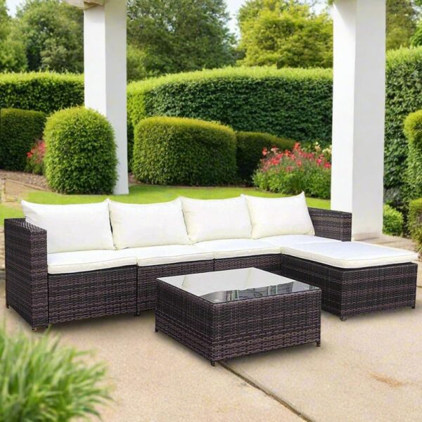 EVRE Miami Brown Outdoor Rattan Garden Furniture Set for Patio Conservatories with 5 seat Modular Sofa Glass Top Coffee Table Foot Stool Cushions and Fade Resistance - Image 3