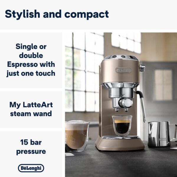 De'Longhi Dedica Arte EC885.​BG, Traditional Barista Pump Espresso Machine, Manual Coffee Machine, My LatteArt Steam Wand, Compact Design 15cm Wide, Fit Mug Up to 13cm, Beige - Image 3