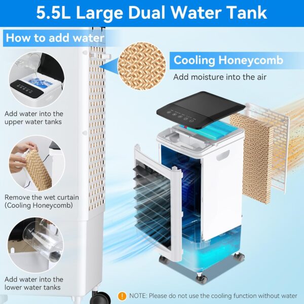 Evaporative Air Cooler, 3-IN-1 Portable Air Conditioner Humidifier Cooling Fan, 3 Speed, 60° Oscillation, Remote Control & 1-7H Timer, 60W Energy Saving Portable Space Cooler for Home Office Dorm - Image 5