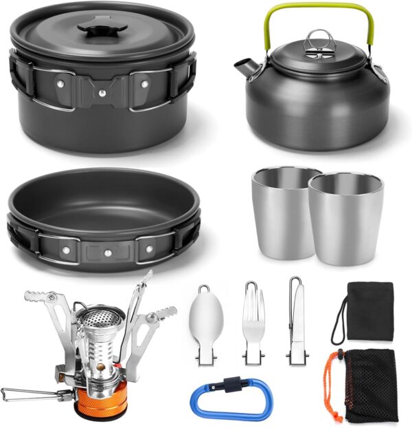 Odoland Camping Cooker Pan Set Aluminum Camping Cookware Kit for 2 People, Portable Outdoor Pot Pan Stove Kettle 2 Cups and Tableware - Backpacking Cookware for Picnic Trekking and Hiking - Image 2