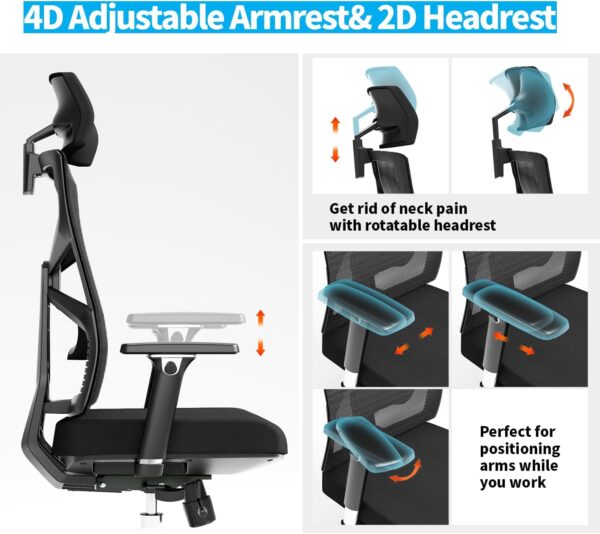 HOLLUDLE Ergonomic Office Chair with Adaptive Backrest, High Back Computer Desk Chair with 4D Armrests, Adjustable Seat Depth, Lumbar Support and 2D Headrest, Swivel Task Chair, Black - Image 5