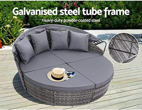 EVRE Bali Mixed Grey 3 Piece Modular Round Rattan Wicker Patio Garden Furniture Daybed Sun Lounger Set with Extendable Canopy and Conversation Seat Cushions - Image 5