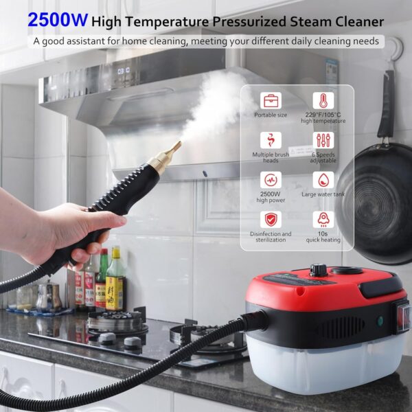 Steam Cleaners, 2500W Handheld Steam Cleaner, Handheld High Temp Portable Steamer Cleaning Machine with 3 Brush Heads, Steamer for Cleaning Grout Tile Car Living Room Kitchen Bathroom (Red) - Image 7