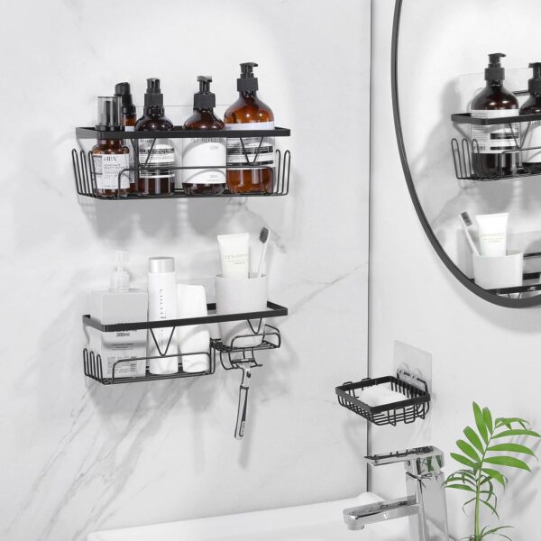 Kegii Shower Caddy, Bathroom Shelf Organiser No Drilling, Adhesive Shower Storage Rack with Soap Razor Holder, Bathroom Accessories, Black, 3 Pack - Image 3