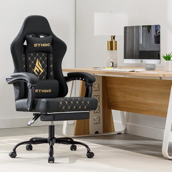 Symino Gaming Chair with Footrest, Computer Ergonomic Video Game Chair, Adjustable Swivel Task Chair with Lumbar Support, PC Chair, Office Chair PU Leather, Black - Image 3