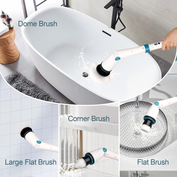 Electric Spin Scrubber - 1200RPM Shower Scrubber Cordless Cleaning Brush with 2 Packs Battery&Charger, 8 Replacement Head,3 Adjustable Extension Handle for Bathroom Tub Tile Floor - Image 8