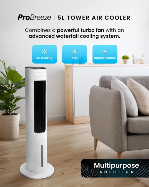 Pro Breeze® 5L Evaporative Air Cooler & Portable Tower Fan with 3 Fan Speeds, Remote Control, Automatic Oscillation, 7-Hour Digital Timer & Sleep, Natural and Humidification Mode for Home and Office - Image 3