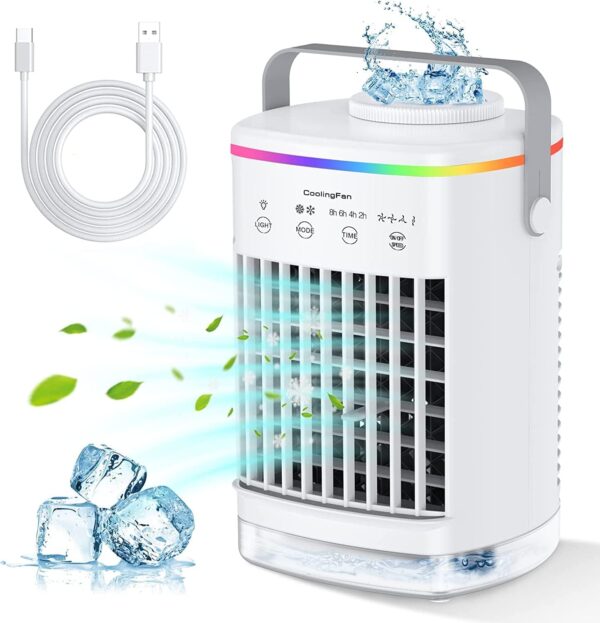 Joomouney Portable Air Cooler, 3-in-1 Air Cooler, Mini Air Conditioner With 4 Wind Speed & 7 Colour Lights & 700ml Water Tank&2-8H Timer, Personal Evaporative Air Cooler Fan for Home, Office, Bedroom - Image 2