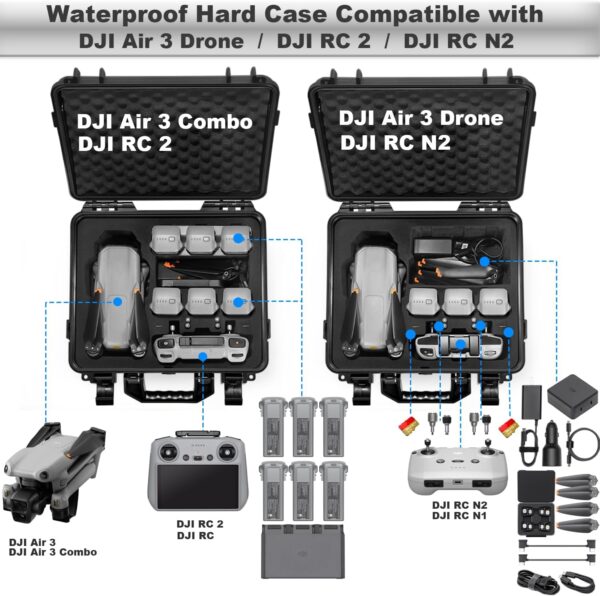 Lekufee Waterproof Hard Carrying Case Compatible with DJI Air 3 Drone/DJI Air 3 Fly More Combo/DJI RC 2/DJI RC N2 Remote Controller and Accessories(Case Only) - Image 3