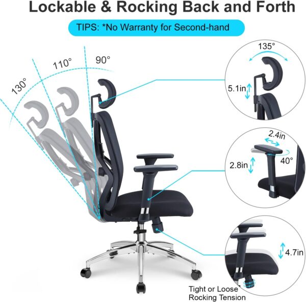 Ticova Ergonomic Office Chair - High Back Desk Chair with Adjustable Lumbar Support, Headrest & 3D Metal Armrest - 130° Rocking Mesh Computer Chair - Image 3