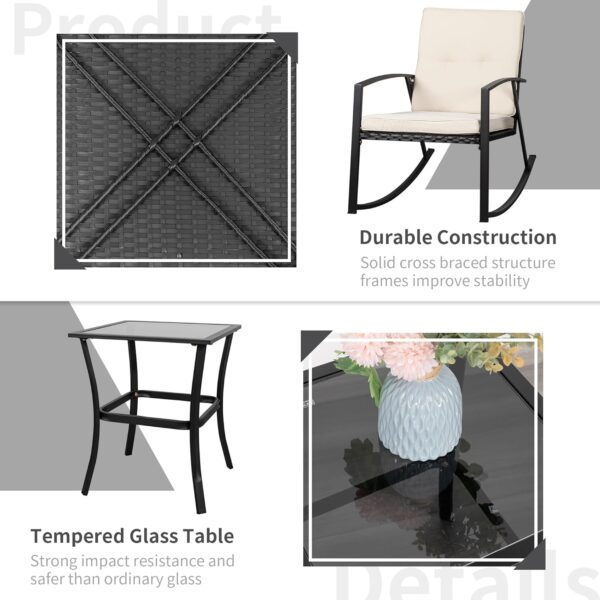 Shintenchi 3 Pieces Rocking Bistro Set Wicker Patio Outdoor Furniture, 2 Rattan Porch Chairs Conversation Sets with Glass Coffee Table (Beige) - Image 5