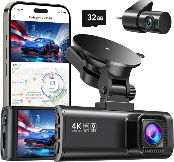 REDTIGER Dash Cam Front Rear, 4K/2.5K Full HD Dash Camera for Cars, Included 32GB Card, Built-in Wi-Fi GPS, 3.18” IPS Screen, Night Vision, 170°Wide Angle, WDR, 24H Parking Mode - Image 2