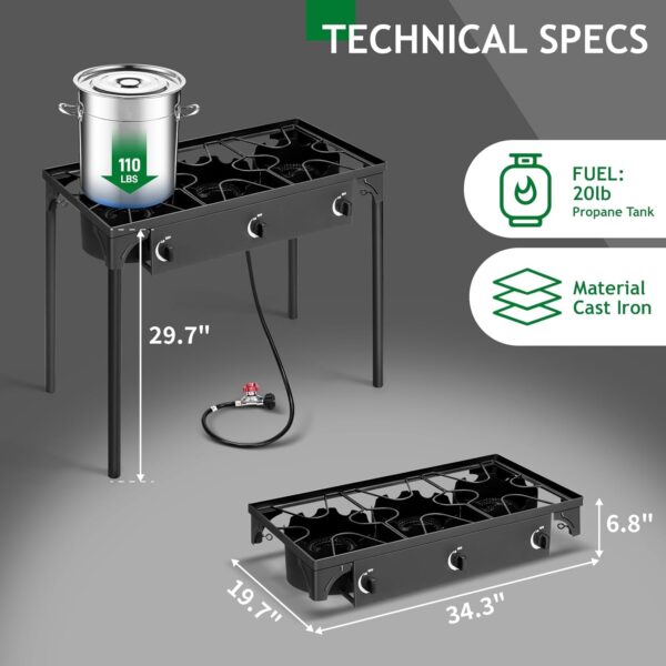 Outvita 3 Burner Propane Gas Stove for Outdoor Cooking, 225,000 BTU Camping Cooker with Removable Legs, Temperature Control Knobs for Backyard Cooking, BBQ, Baking and Frying - Image 3