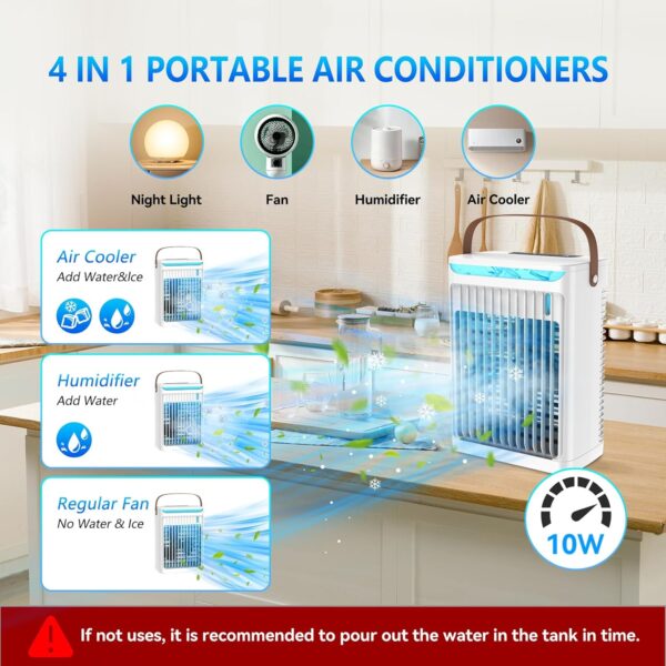 Portable Air Conditioner, Personal Mini Air Cooler Cooling Fan with 5 Wind Speeds, 680ml Evaporative Air Conditioner, 7 LED Light, 2 Cool Mist Air Conditioners Humidifier Fan for Room Bedroom Office - Image 6