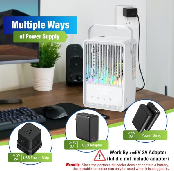 Portable Air Cooler, 3-in-1 Evaporative Air Cooler, 600ML Water Tank Portable Air Conditioner, 3 Wind Speeds &2 Mist Modes, 7 Colors Light &1-8H Timer Personal Cooling Fan for Room Home Office Outdoor - Image 3