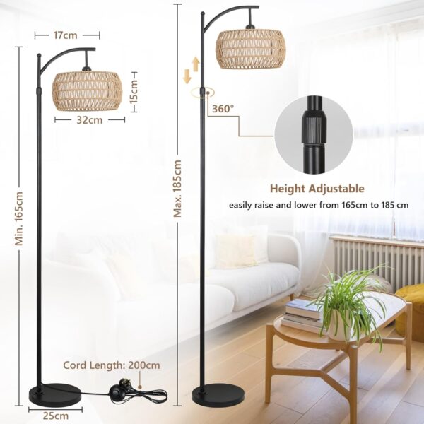 Rayofly Arc Floor Lamp for Living Room, Dimmable Floor Lamps with Remote Control, Boho Standing Lamp with Rattan & Linen Double Shades, Black Reading Tall Lamp for Bedroom Office, 9W LED Bulb Included - Image 6