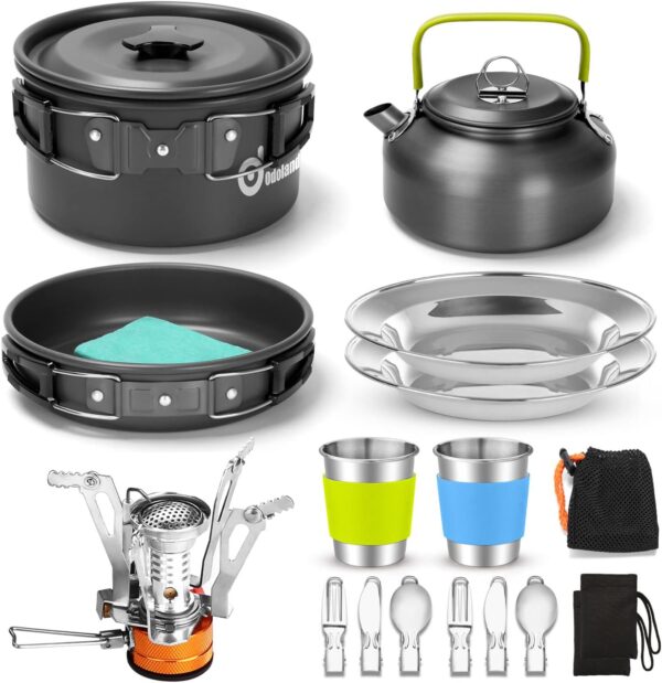 Odoland Camping Cookware Kit with Folding Camping Stove Suit 2 People, Non-Stick Pot Pan Kettle Set with Stainless Steel Cups Plates Forks Knives Spoons for Outdoor Cooking and Picnic for 2 People - Image 2