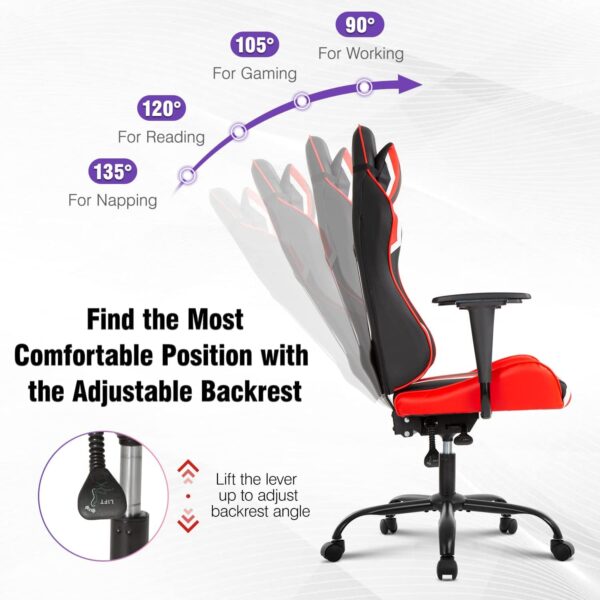 Gaming Chair Racing Desk Chair Ergonomic Office Chair Executive High Back PU Leather Computer Chair with Lumbar Support Task Rolling Swivel Chair for Men Teens Adults (Red) - Image 4