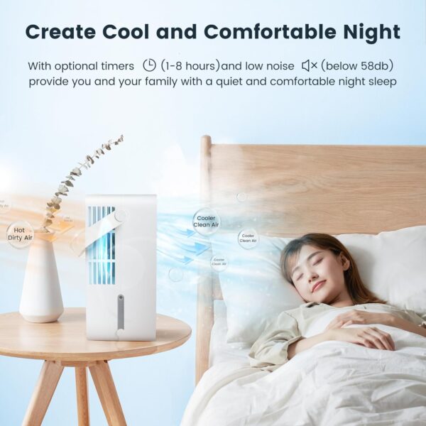 Portable Air Cooler, Quiet Evaporative Air Cooler Fan with RGB 7 LED Light 3 Speeds Modes Room Cooler, Mini Timer Fan Cooler, Desktop Personal Air Conditioner for Home, Office, Bedroom, FERRISA - Image 6