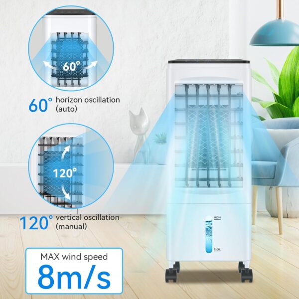 Evaporative Air Cooler, 3-IN-1 Portable Air Conditioner Humidifier Cooling Fan, 3 Speed, 60° Oscillation, Remote Control & 1-7H Timer, 60W Energy Saving Portable Space Cooler for Home Office Dorm - Image 8