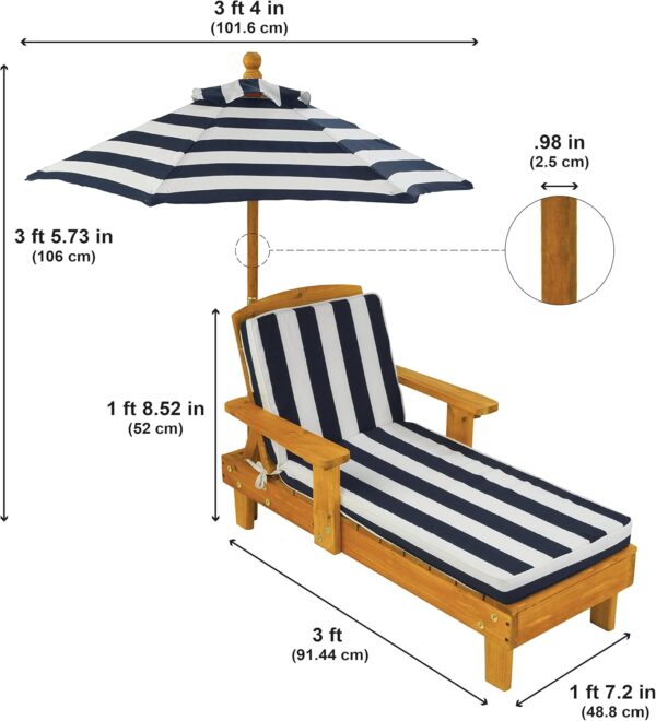 KidKraft Garden Sun Lounger for Kids with Parasol and Cushions, Wooden Garden Chair, Outdoor Garden Furniture For Children, Navy and White, 00105 - Image 9